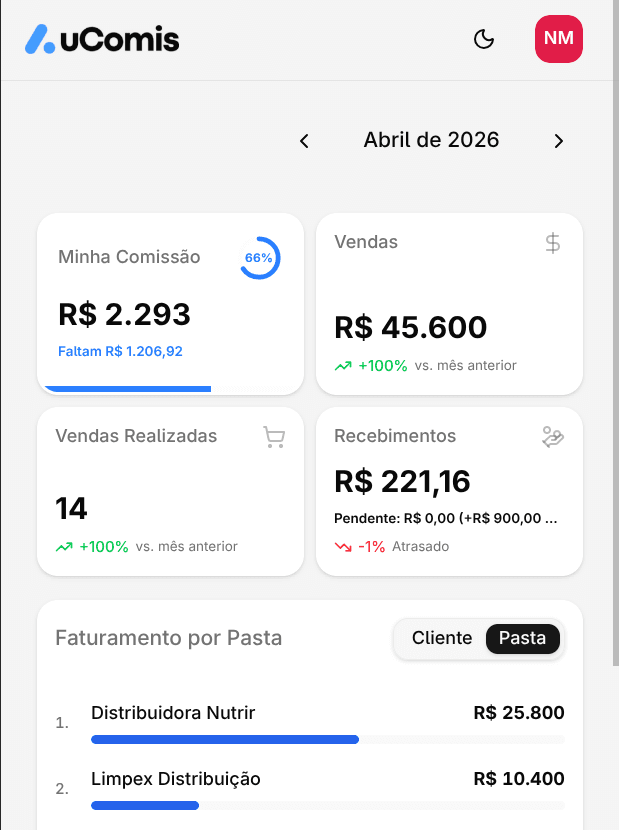 App uComis mostrando controle de comissões e recebíveis