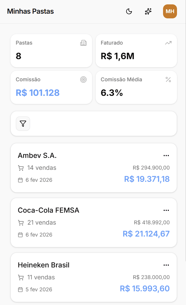 Tela de pastas de fornecedores para representante comercial